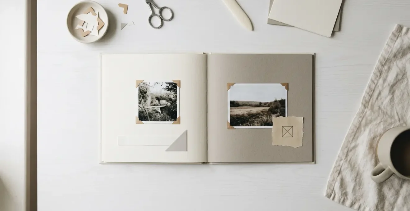 Composition minimaliste de scrapbooking moderne avec papiers neutres et photos disposées avec espace négatif