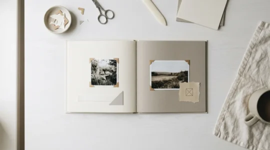 Composition minimaliste de scrapbooking moderne avec papiers neutres et photos disposées avec espace négatif
