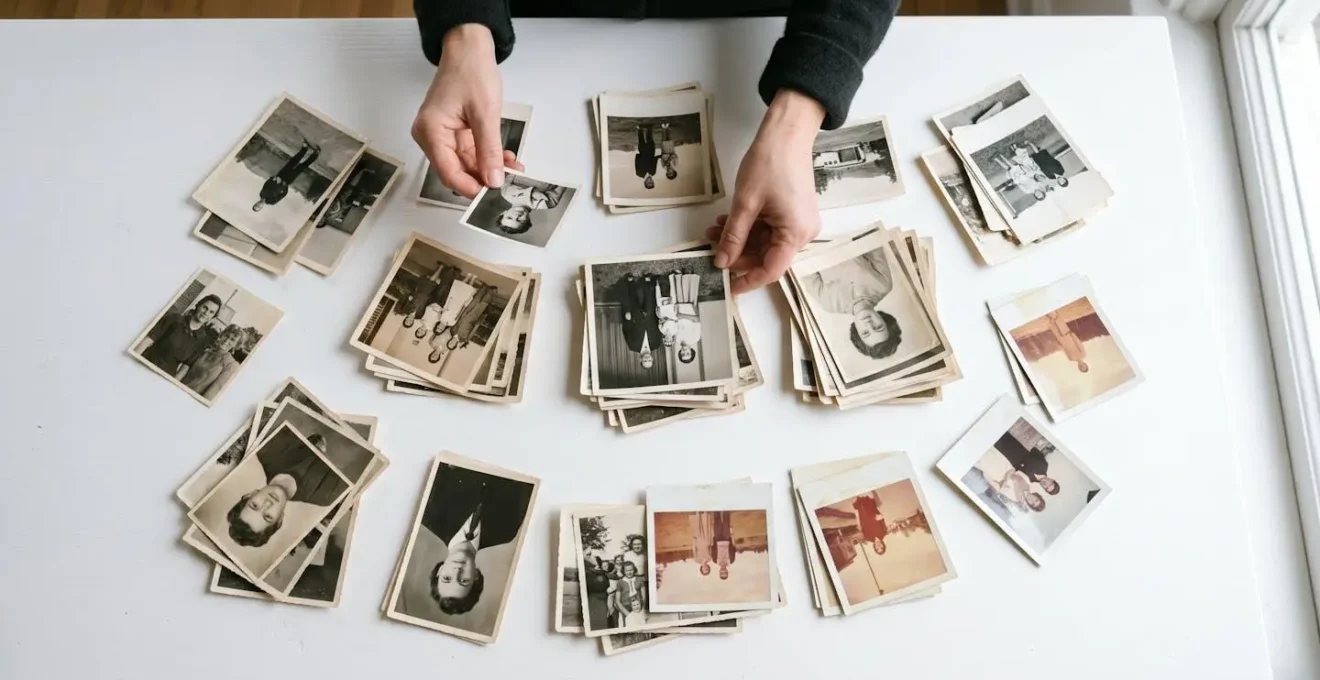 Vue aérienne de dizaines de photographies anciennes étalées sur une surface blanche avec deux mains triant et sélectionnant les clichés