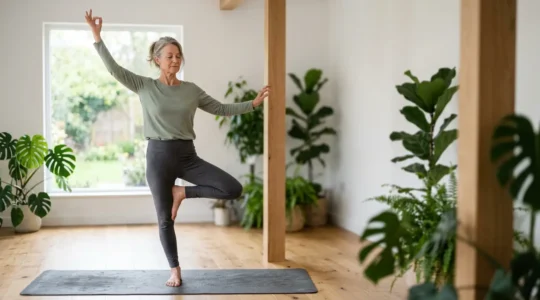 Personne de plus de 50 ans pratiquant une posture de yoga sur tapis dans un environnement paisible