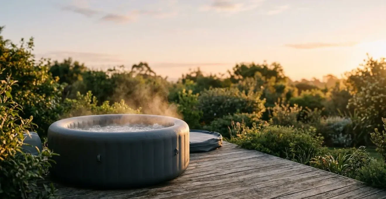 Spa gonflable moderne installe sur une terrasse en bois au coucher du soleil, ambiance detente et bien-etre