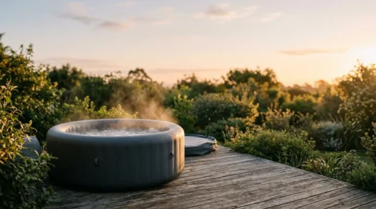 Spa gonflable moderne installe sur une terrasse en bois au coucher du soleil, ambiance detente et bien-etre