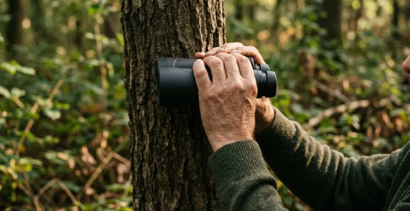 Technique de stabilisation des jumelles en appui contre un arbre lors d'une observation ornithologique en forêt