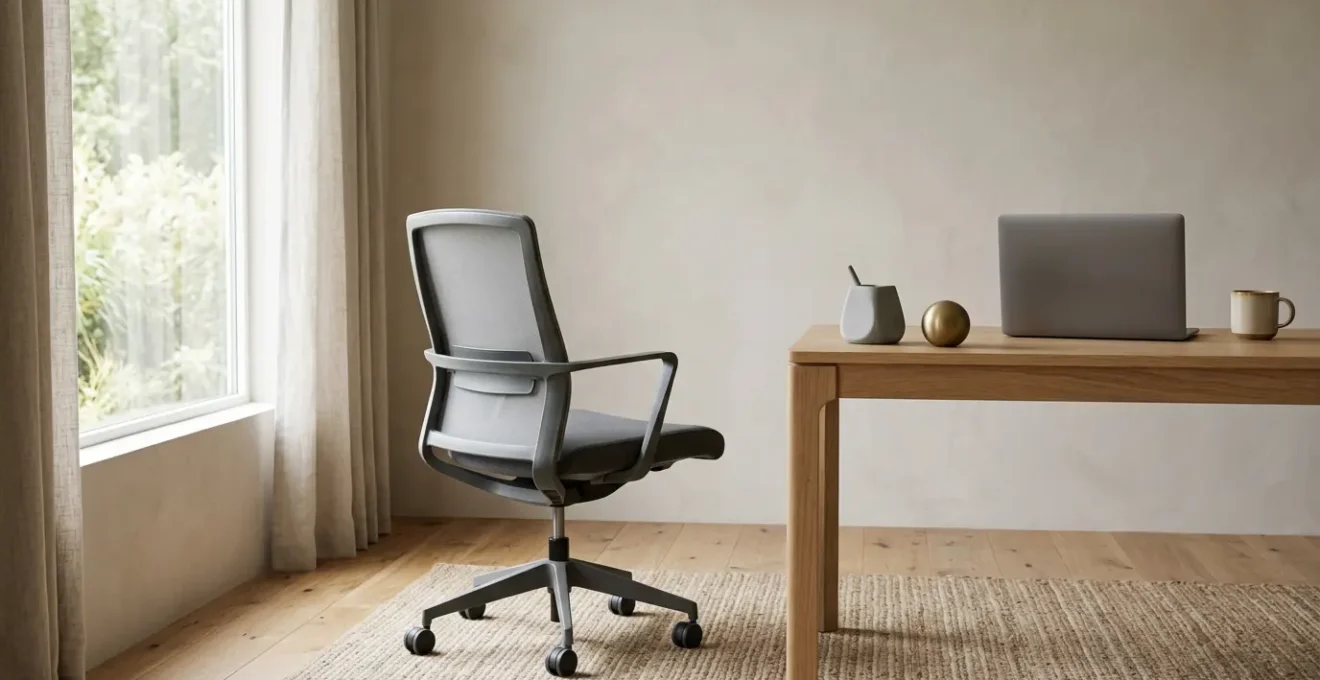 Personne effectuant des étirements sur une chaise de bureau ergonomique dans un espace de télétravail lumineux