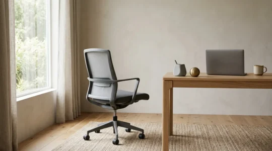 Personne effectuant des étirements sur une chaise de bureau ergonomique dans un espace de télétravail lumineux