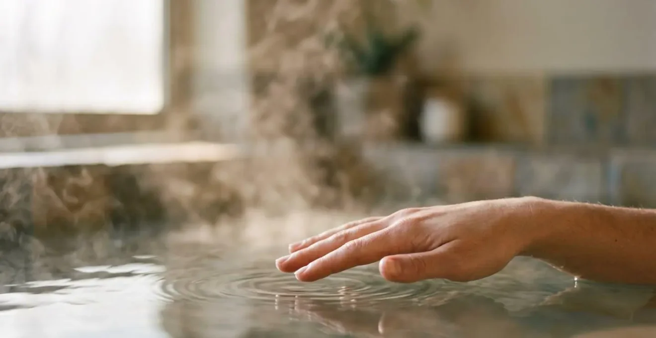 Main testant la temperature de l'eau d'un spa avec vapeur montante dans une ambiance apaisante