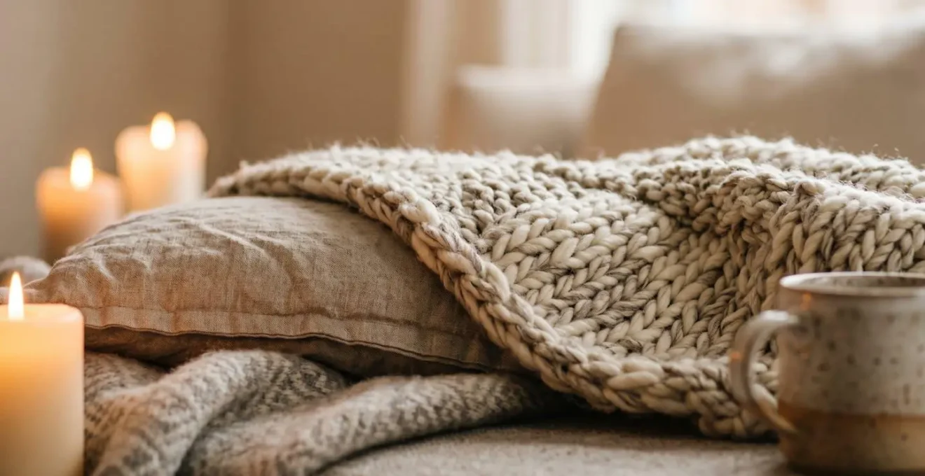 Nature morte hygge avec superposition de textures textiles chaleureuses et éclairage doux ambré