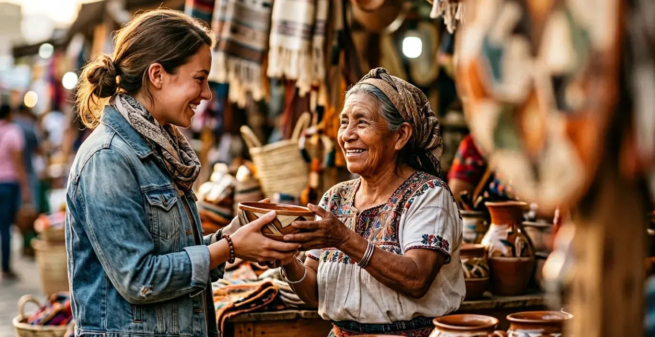 Scène évoquant l'interaction respectueuse entre voyageur et artisan local dans un contexte de tourisme responsable