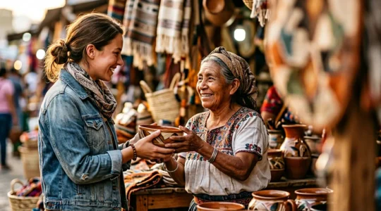Scène évoquant l'interaction respectueuse entre voyageur et artisan local dans un contexte de tourisme responsable