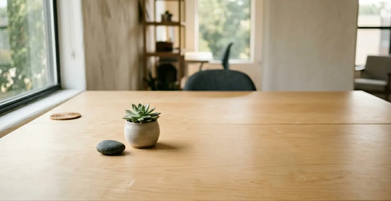 Espace de travail minimaliste et zen favorisant la pleine conscience au bureau avec lumiere naturelle apaisante