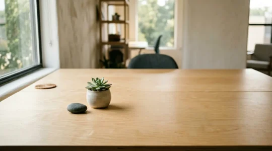 Espace de travail minimaliste et zen favorisant la pleine conscience au bureau avec lumiere naturelle apaisante
