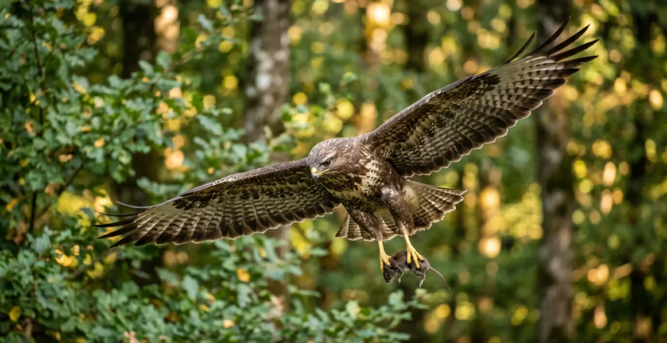 Rapace en vol avec ailes déployées saisissant une proie entière dans ses serres, dans un espace boisé de parc zoologique français