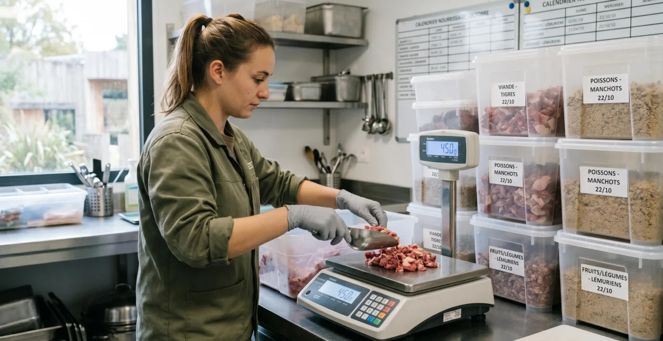 Soigneur animalier en blouse pesant des portions de viande fraîche sur une balance professionnelle dans une cuisine de parc zoologique, avec bacs de stockage étiquetés en arrière-plan