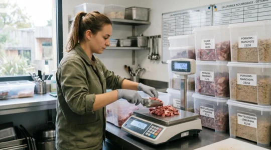 Soigneur animalier en blouse pesant des portions de viande fraîche sur une balance professionnelle dans une cuisine de parc zoologique, avec bacs de stockage étiquetés en arrière-plan