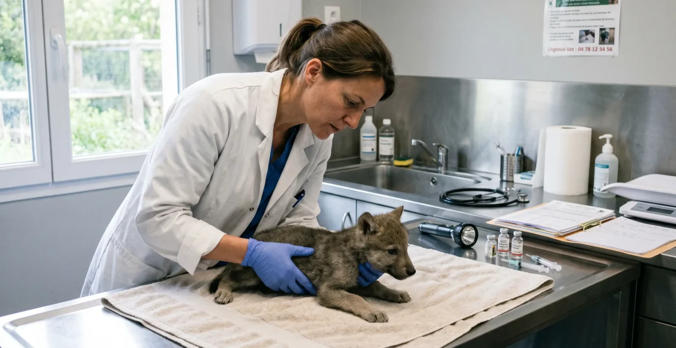 Vétérinaire en blouse blanche examinant attentivement un jeune animal sur une table d'examen dans une salle de soins de parc zoologique, avec instruments vétérinaires visibles