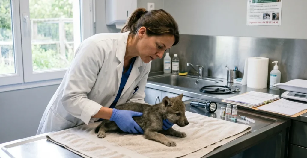 Vétérinaire en blouse blanche examinant attentivement un jeune animal sur une table d'examen dans une salle de soins de parc zoologique, avec instruments vétérinaires visibles