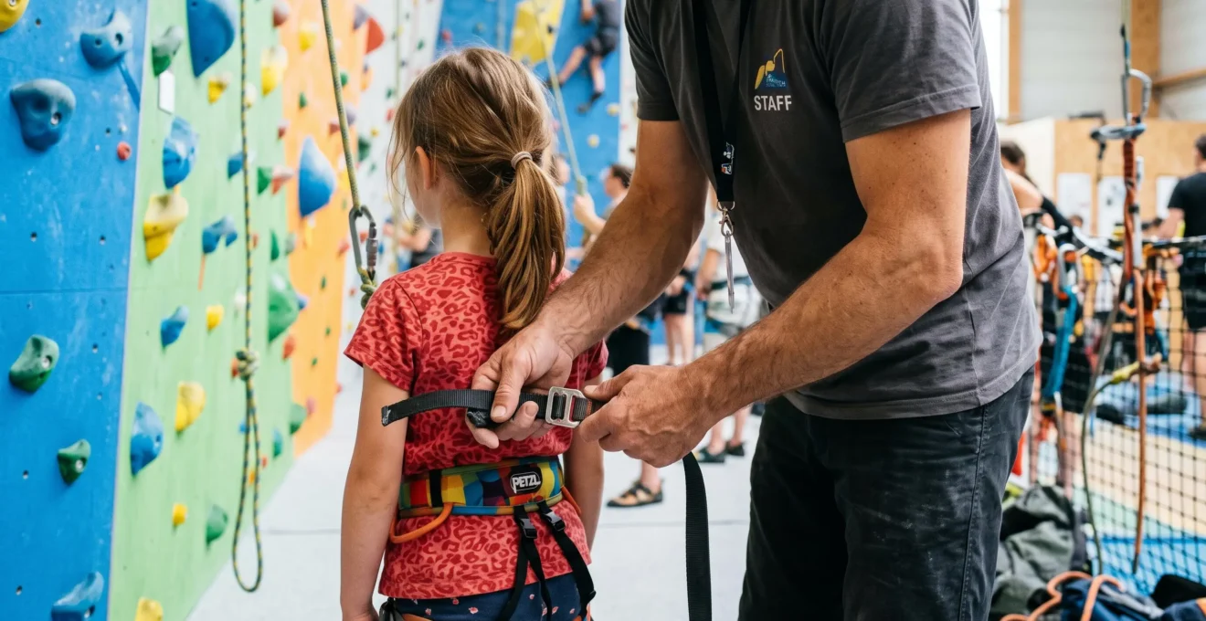 Un employé vérifie le harnais de sécurité d'un enfant avant l'escalade.