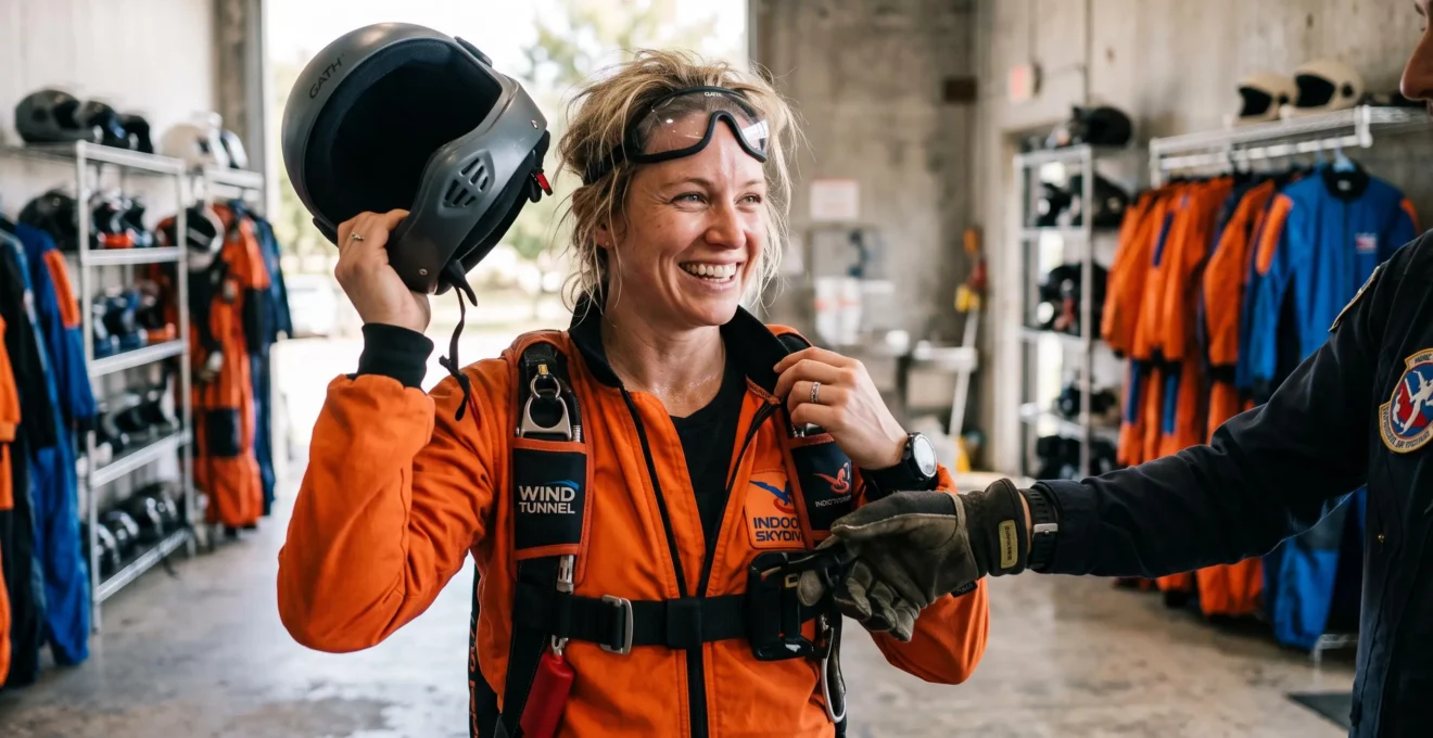 Un participant souriant enlève son casque et sa combinaison après son vol.