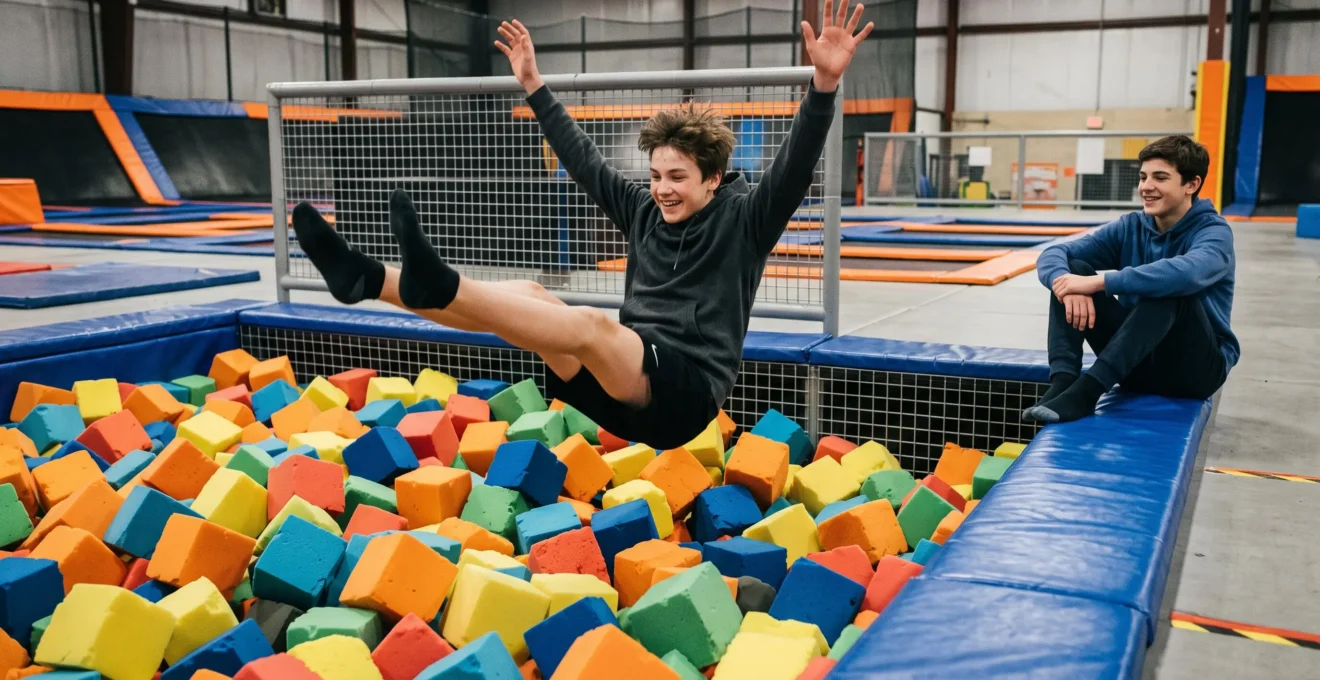 Un adolescent plonge dans une fosse de mousse colorée au trampoline park.