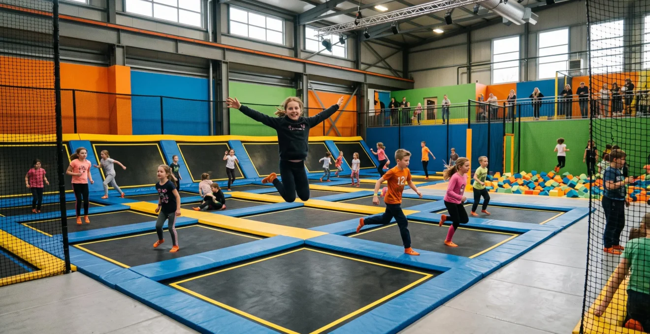 Des enfants sautent sur les trampolines d'un parc indoor animé.