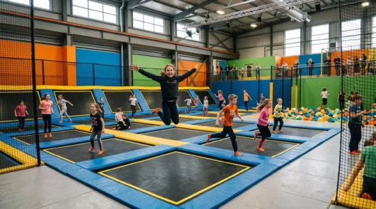 Des enfants sautent sur les trampolines d'un parc indoor animé.